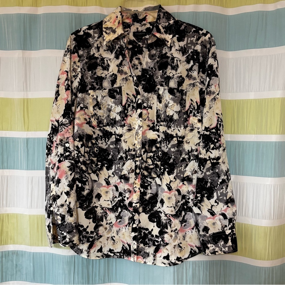 Talbots Women's Abstract Floral Button-Down Shirt - Black, Pink, White Sz 10 - Picture 2 of 9